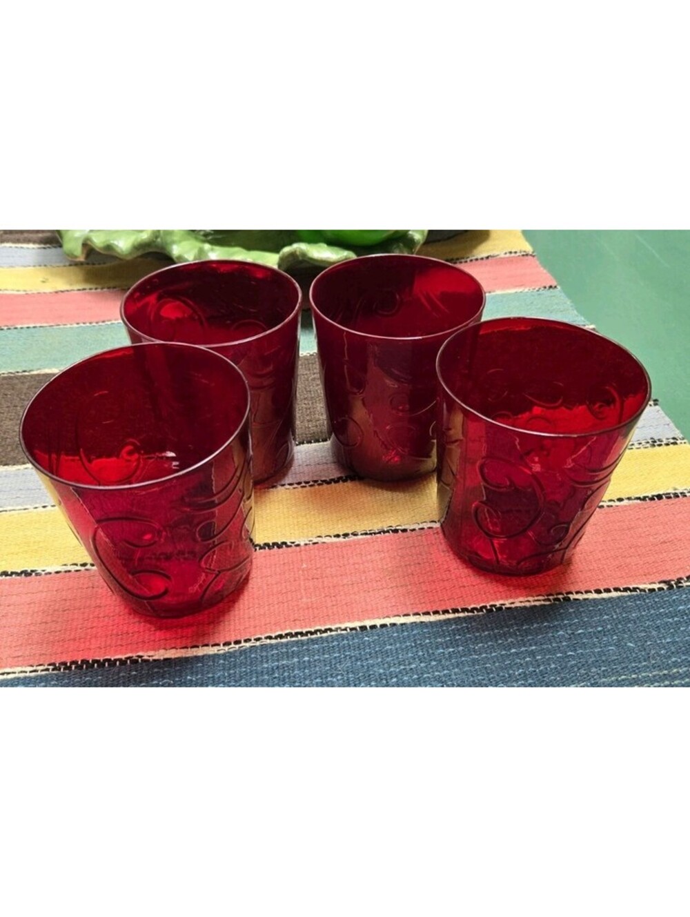 4 Tag Brand? Ruby Red Drinking Glasses Embossed Scrolls Set Of 4  Hold 12 Ounces